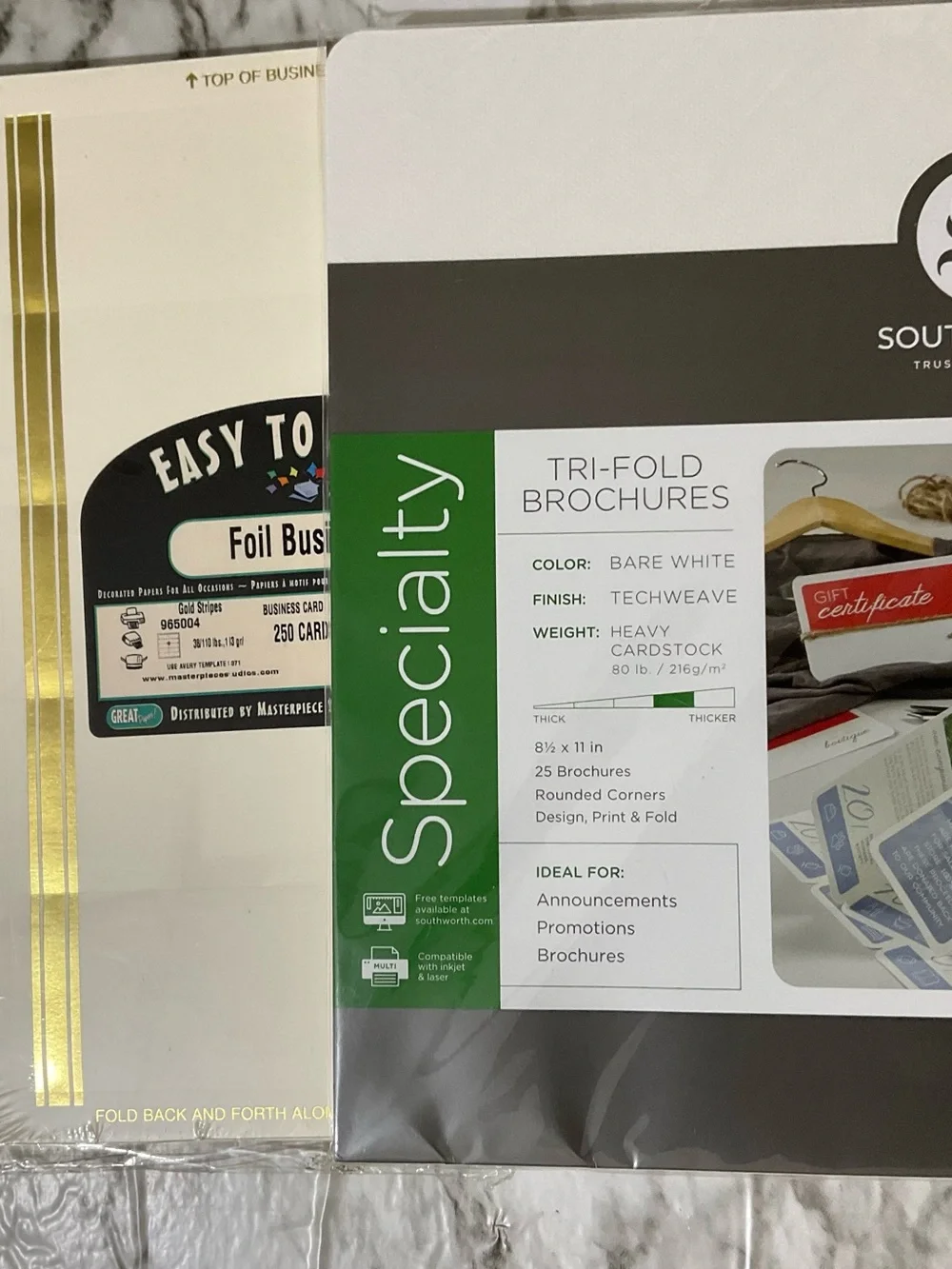 Specialty Tri-Fold Brochures and Foil Business Cards White Cream Stationery